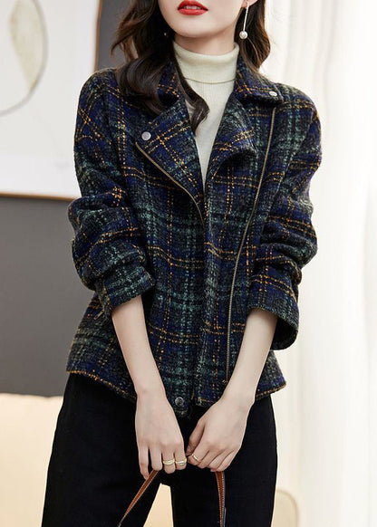 Loose Plaid Zip Up Pockets Patchwork Cotton Coats Long Sleeve Ada Fashion