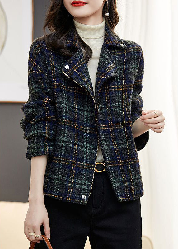 Loose Plaid Zip Up Pockets Patchwork Cotton Coats Long Sleeve Ada Fashion