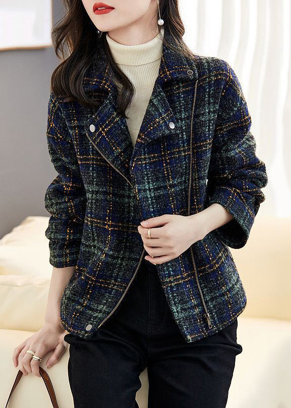 Loose Plaid Zip Up Pockets Patchwork Cotton Coats Long Sleeve Ada Fashion