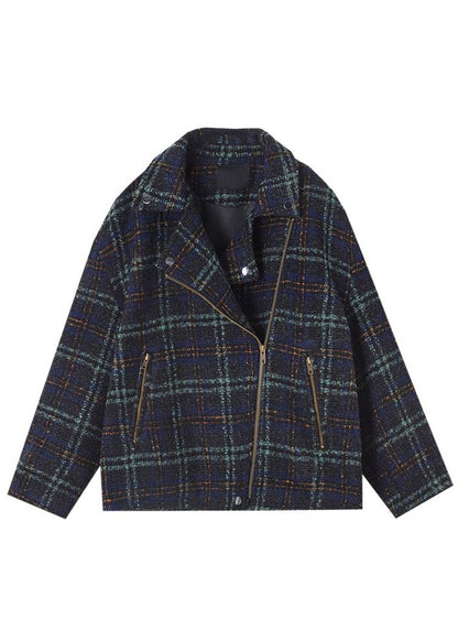 Loose Plaid Zip Up Pockets Patchwork Cotton Coats Long Sleeve Ada Fashion