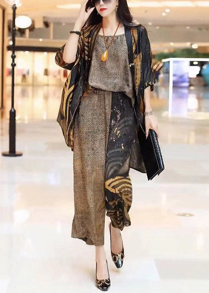 Loose Print Silk Cardigans Top And Wide Leg Pants Three Pieces Set Summer LY3801 - fabuloryshop