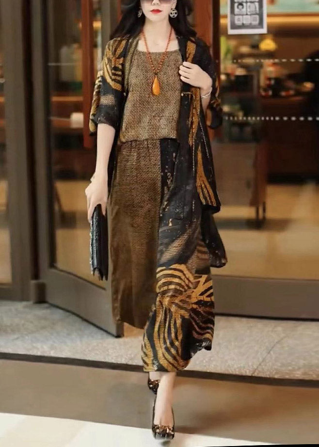 Loose Print Silk Cardigans Top And Wide Leg Pants Three Pieces Set Summer LY3801 - fabuloryshop