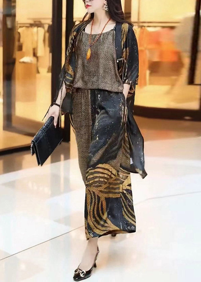 Loose Print Silk Cardigans Top And Wide Leg Pants Three Pieces Set Summer LY3801 - fabuloryshop