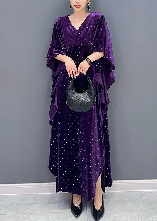 Loose Purple Asymmetrical Dot Patchwork Velour Long Dresses Fall Ada Fashion