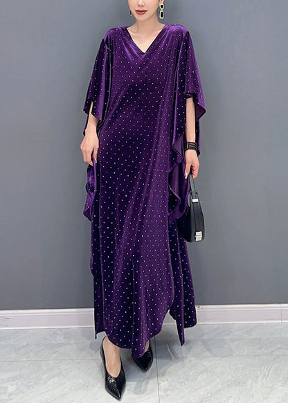 Loose Purple Asymmetrical Dot Patchwork Velour Long Dresses Fall Ada Fashion