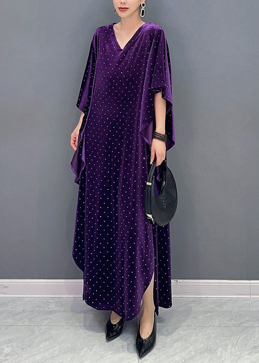 Loose Purple Asymmetrical Dot Patchwork Velour Long Dresses Fall Ada Fashion