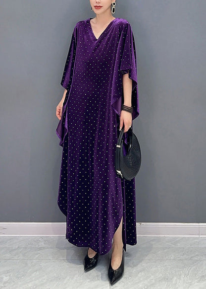 Loose Purple Asymmetrical Dot Patchwork Velour Long Dresses Fall Ada Fashion