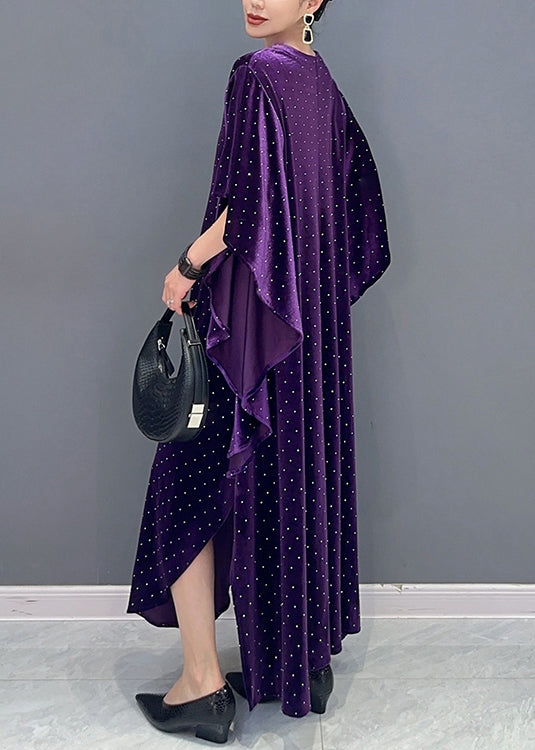 Loose Purple Asymmetrical Dot Patchwork Velour Long Dresses Fall Ada Fashion