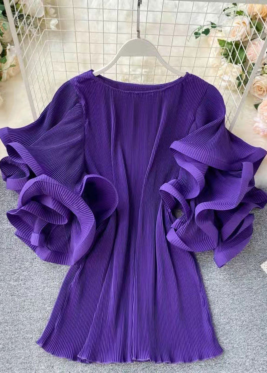 Loose Purple O-Neck Patchwork Chiffon Mini Dresses Butterfly Sleeve Ada Fashion