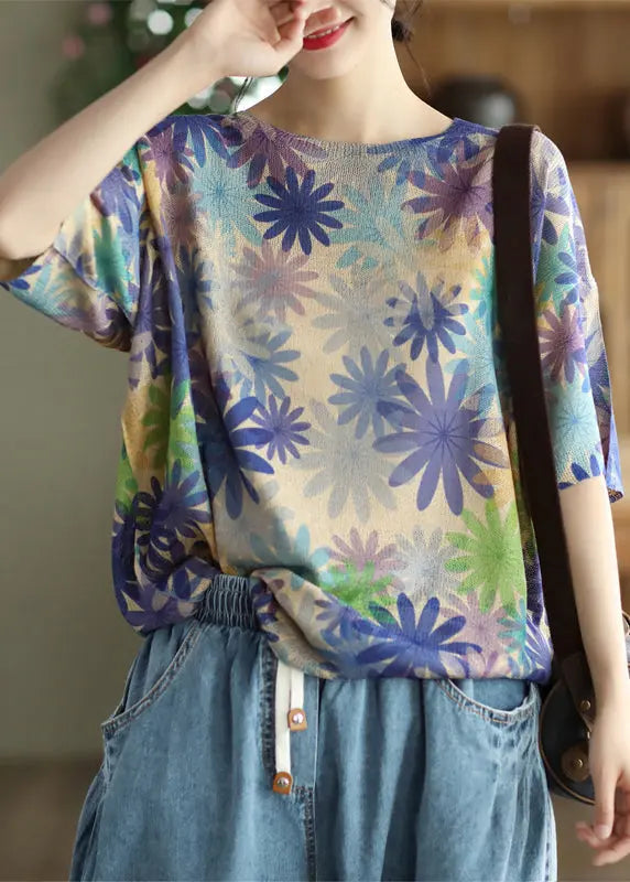 Loose Purple O Neck Print Cozy Cotton Knit Top Summer Ada Fashion