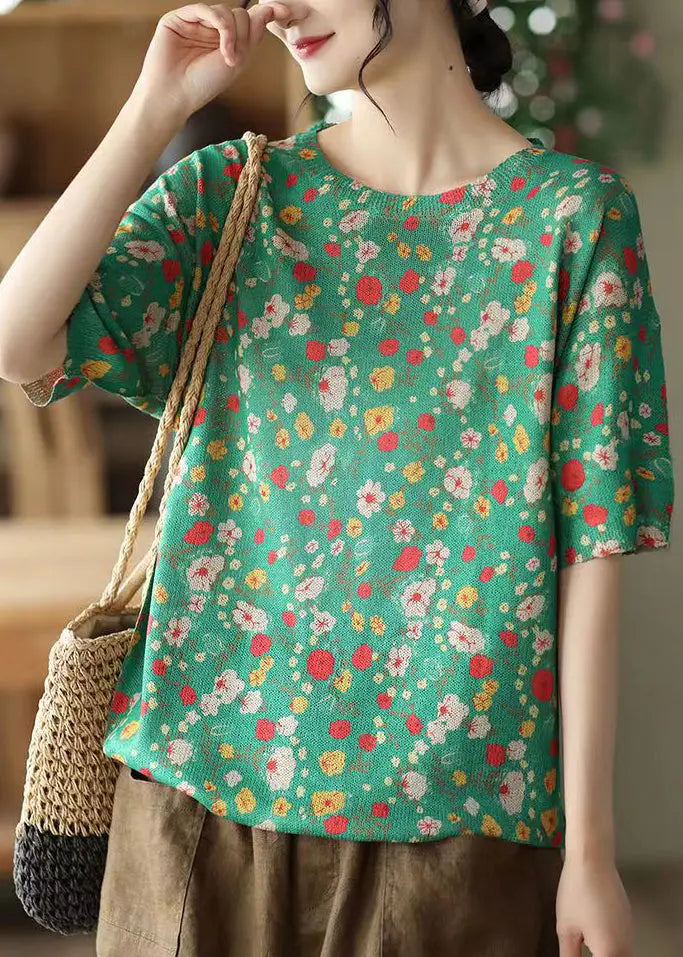 Loose Purple O Neck Print Cozy Cotton Knit Top Summer Ada Fashion