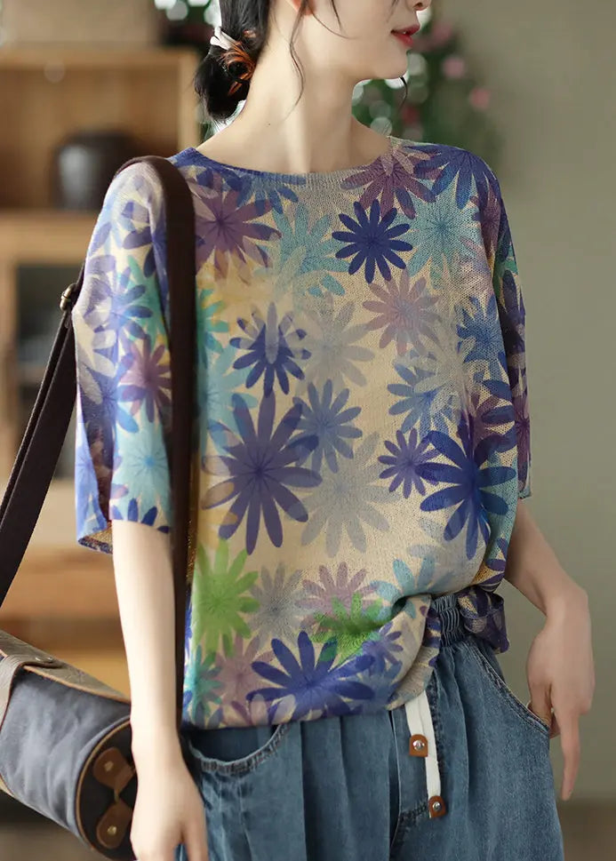 Loose Purple O Neck Print Cozy Cotton Knit Top Summer Ada Fashion