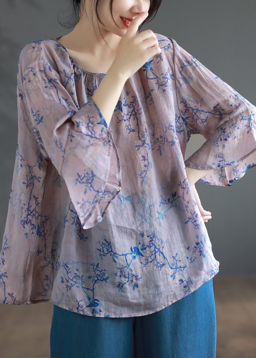 Loose Purple O Neck Print Linen Blouse Tops Summer Ada Fashion