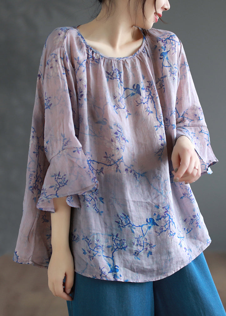 Loose Purple O Neck Print Linen Blouse Tops Summer Ada Fashion