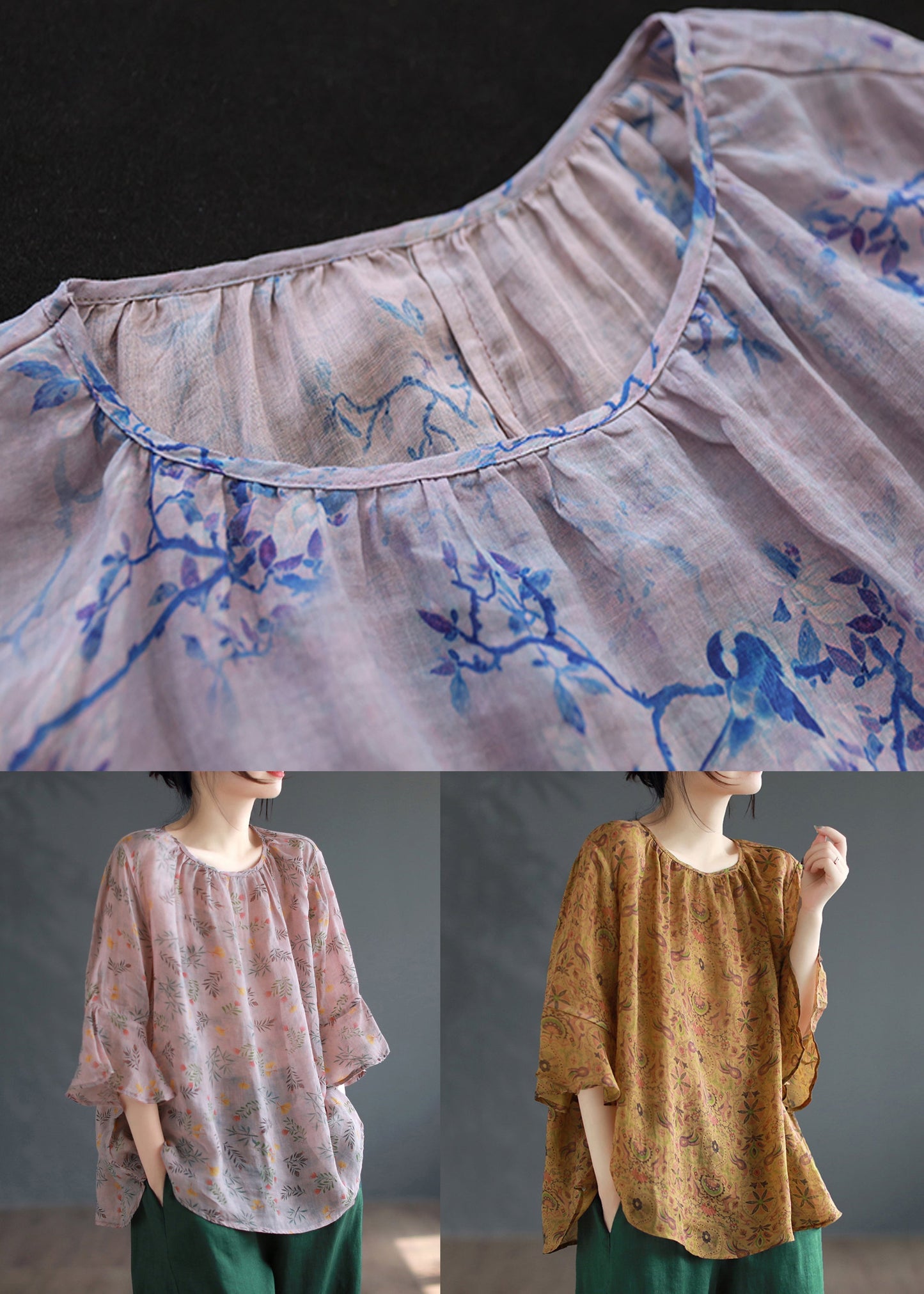 Loose Purple O Neck Print Linen Blouse Tops Summer Ada Fashion