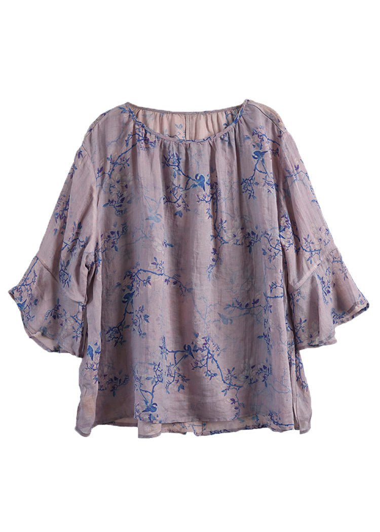 Loose Purple O Neck Print Linen Blouse Tops Summer Ada Fashion