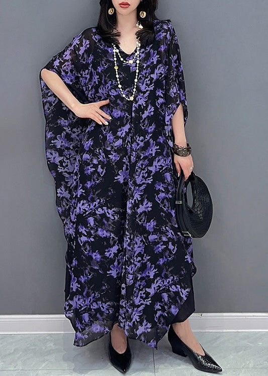 Loose Purple O-Neck Print Maxi Dress Summer LY4395 - fabuloryshop