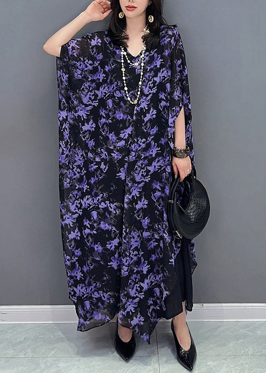 Loose Purple O-Neck Print Maxi Dress Summer LY4395 - fabuloryshop