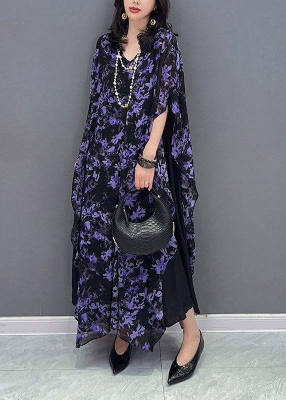 Loose Purple O-Neck Print Maxi Dress Summer LY4395 - fabuloryshop