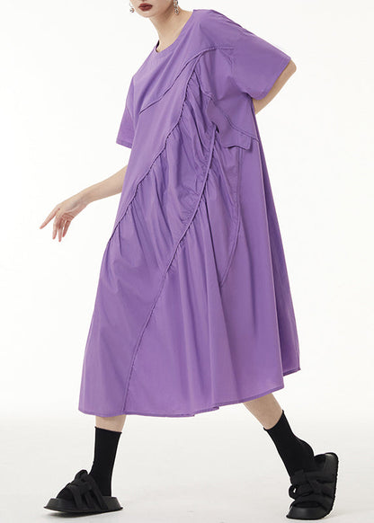 Loose Purple O-Neck Wrinkled Patchwork Cotton Long Dress Short Sleeve Ada Fashion