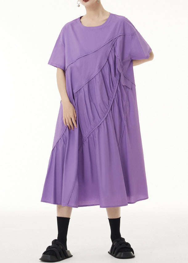 Loose Purple O-Neck Wrinkled Patchwork Cotton Long Dress Short Sleeve Ada Fashion