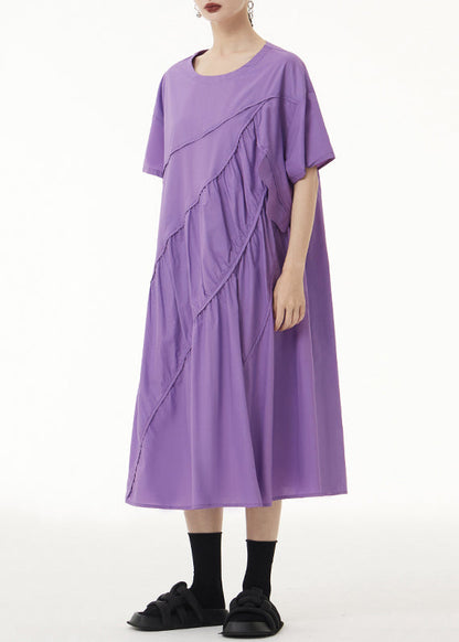 Loose Purple O-Neck Wrinkled Patchwork Cotton Long Dress Short Sleeve Ada Fashion