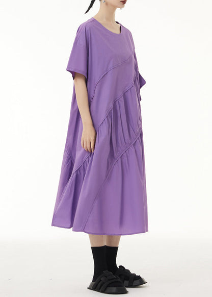 Loose Purple O-Neck Wrinkled Patchwork Cotton Long Dress Short Sleeve Ada Fashion