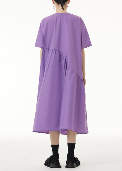 Loose Purple O-Neck Wrinkled Patchwork Cotton Long Dress Short Sleeve Ada Fashion