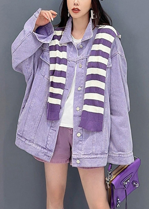 Loose Purple Peter Pan Collar Pockets Patchwork Denim Coat Fall Ada Fashion