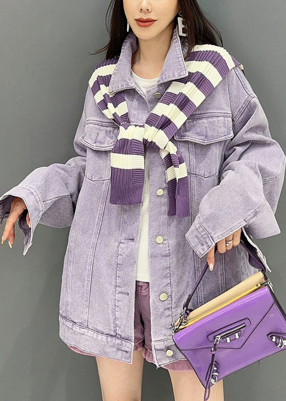 Loose Purple Peter Pan Collar Pockets Patchwork Denim Coat Fall Ada Fashion