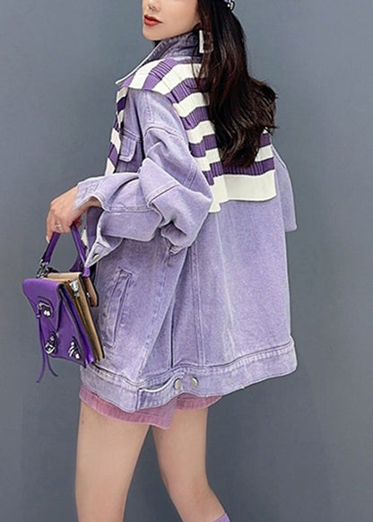 Loose Purple Peter Pan Collar Pockets Patchwork Denim Coat Fall Ada Fashion