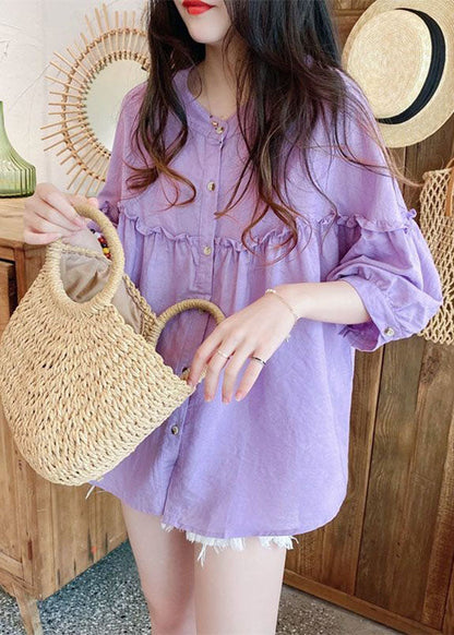 Loose Purple Ruffled Button Patchwork Linen Shirt Spring LY2904 - fabuloryshop