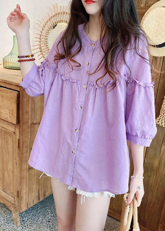 Loose Purple Ruffled Button Patchwork Linen Shirt Spring LY2904 - fabuloryshop