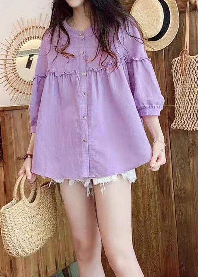 Loose Purple Ruffled Button Patchwork Linen Shirt Spring LY2904