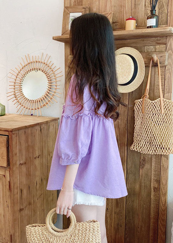 Loose Purple Ruffled Button Patchwork Linen Shirt Spring LY2904