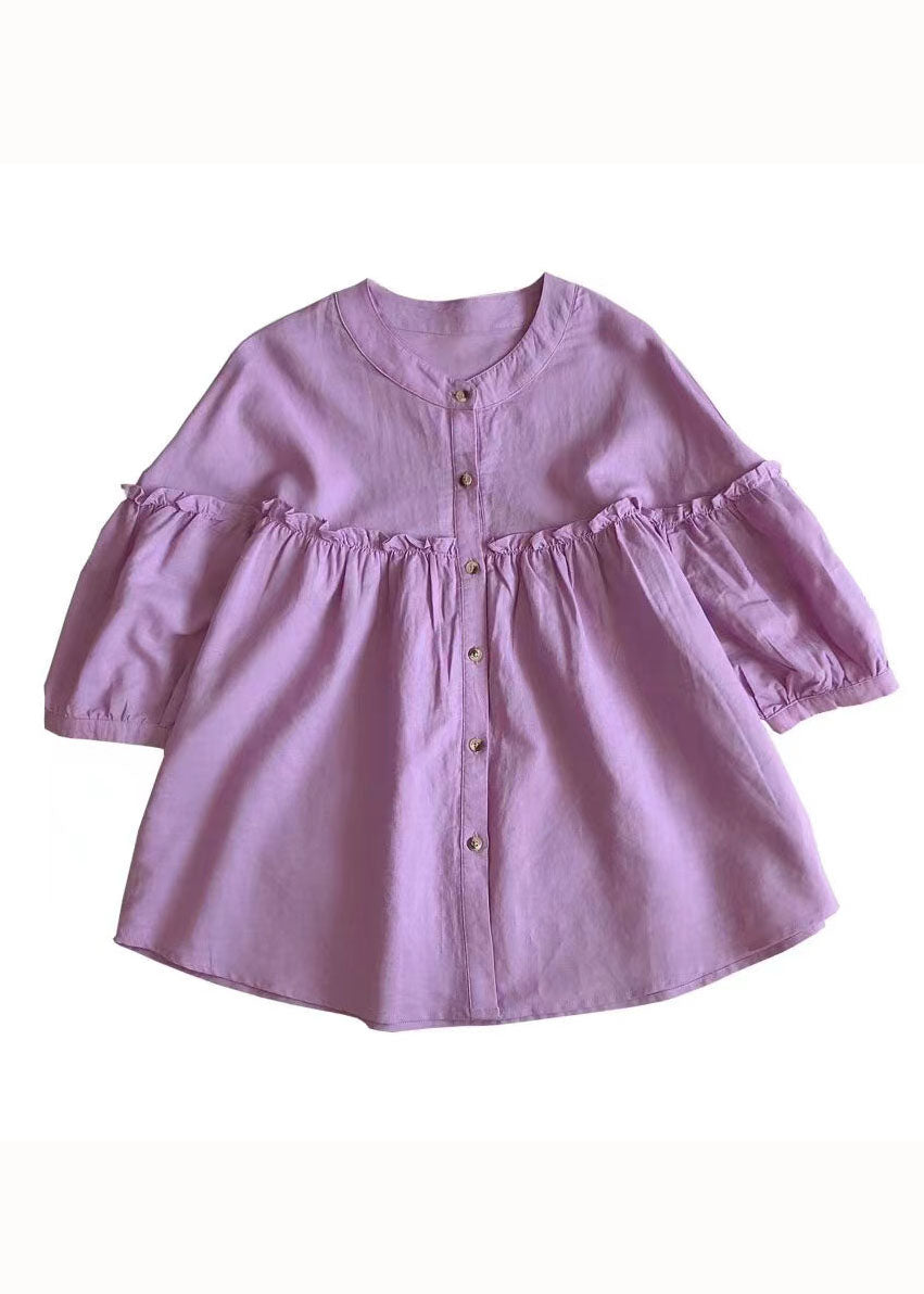 Loose Purple Ruffled Button Patchwork Linen Shirt Spring LY2904 - fabuloryshop