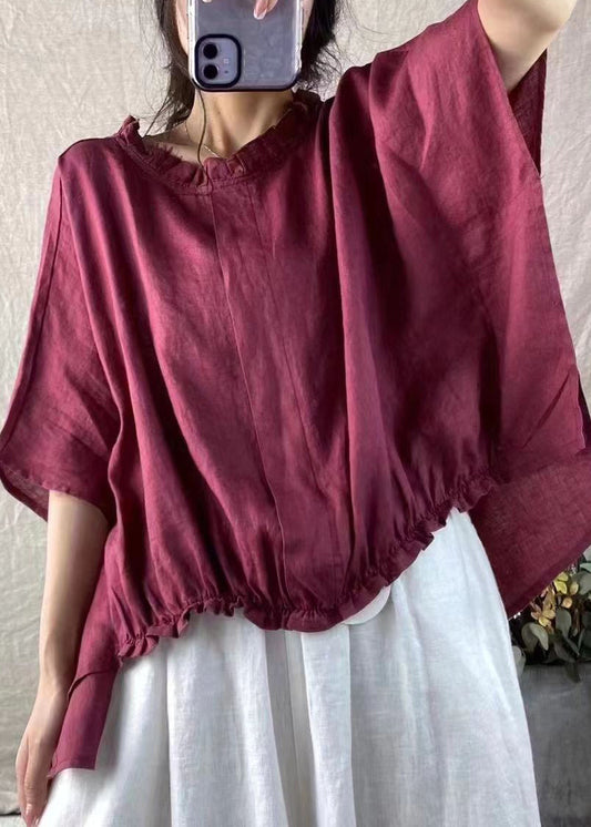 Loose Purple Ruffled Low High Design Cotton T Shirt Batwing Sleeve Ada Fashion