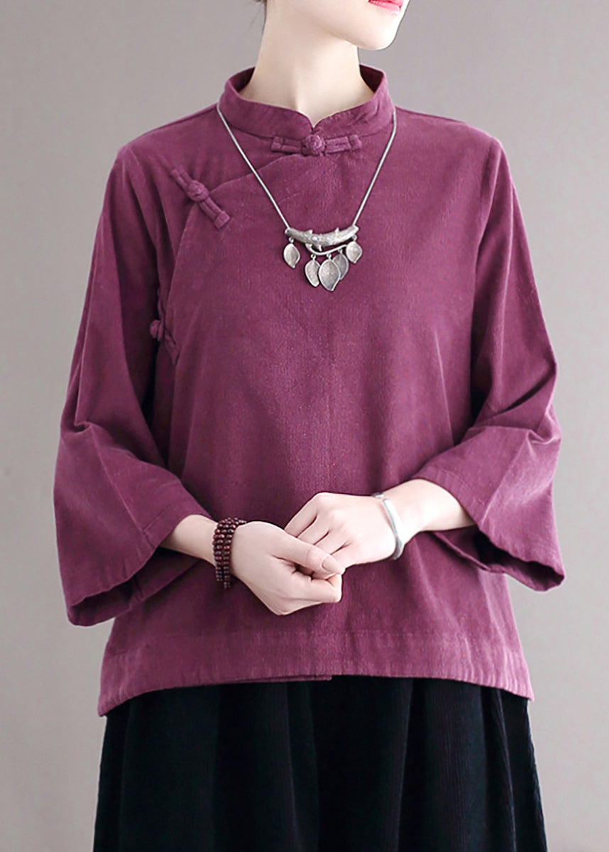 Loose Purple Stand Collar Button Corduroy Shirts Fall Ada Fashion