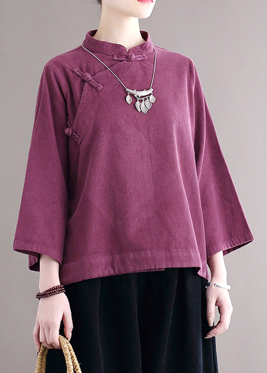 Loose Purple Stand Collar Button Corduroy Shirts Fall Ada Fashion