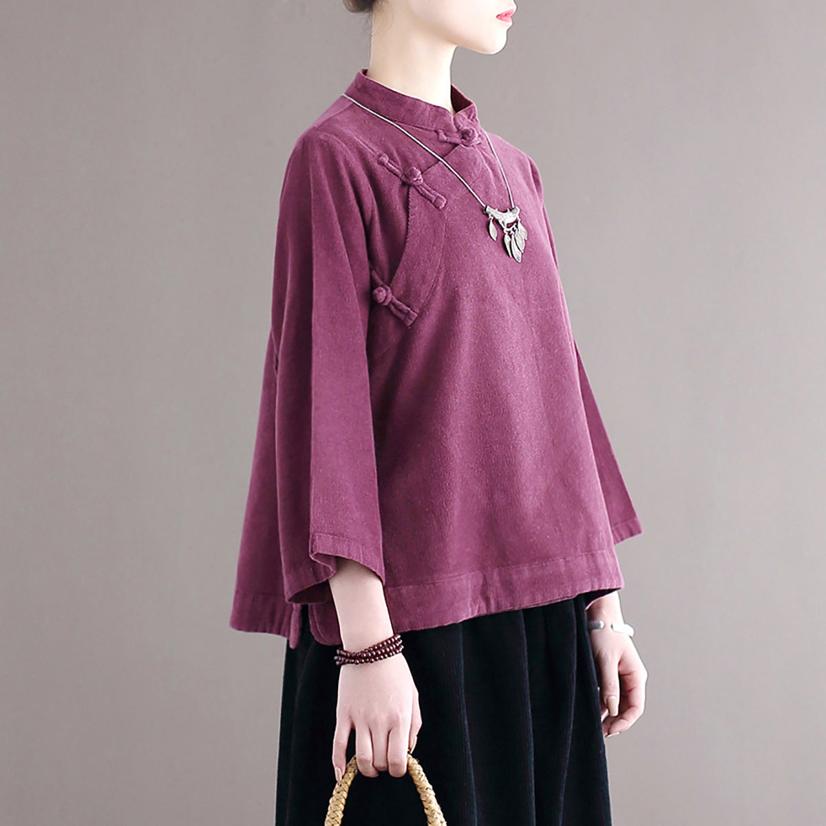 Loose Purple Stand Collar Button Corduroy Shirts Fall Ada Fashion