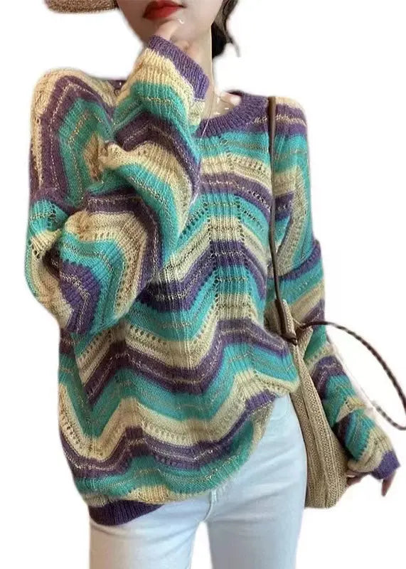 Loose Purple Striped O Neck Hollow Out Patchwork Knit Sweaters Fall Ada Fashion