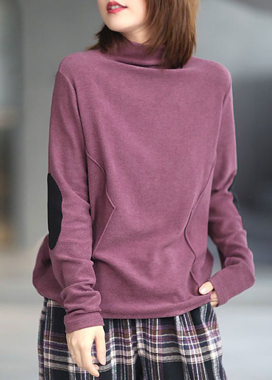 Loose Purple Turtleneck Patchwork Cotton Top Long Sleeve Ada Fashion