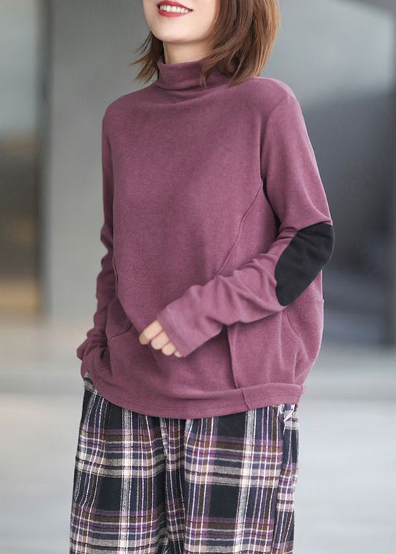 Loose Purple Turtleneck Patchwork Cotton Top Long Sleeve Ada Fashion