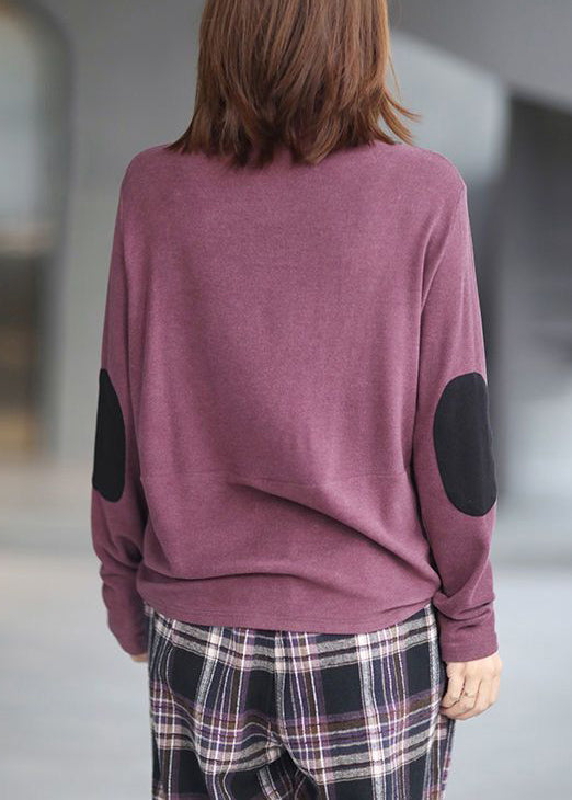 Loose Purple Turtleneck Patchwork Cotton Top Long Sleeve Ada Fashion