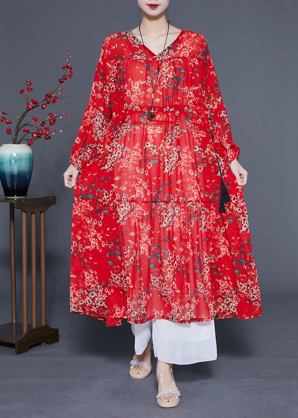 Loose Red Cinched Patchwork Print Chiffon Maxi Dress Spring LC0422 - fabuloryshop