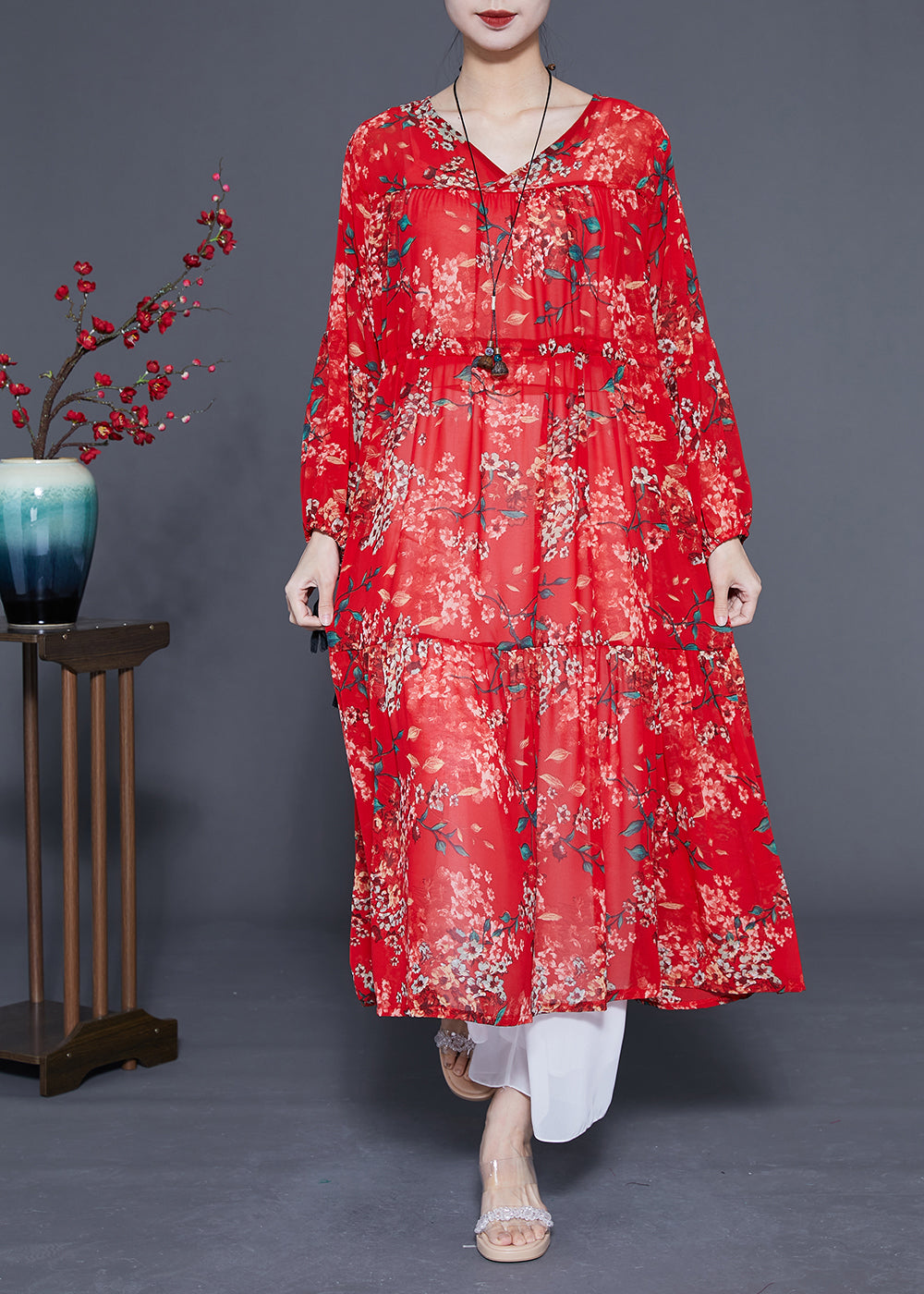 Loose Red Cinched Patchwork Print Chiffon Maxi Dress Spring LC0422 - fabuloryshop