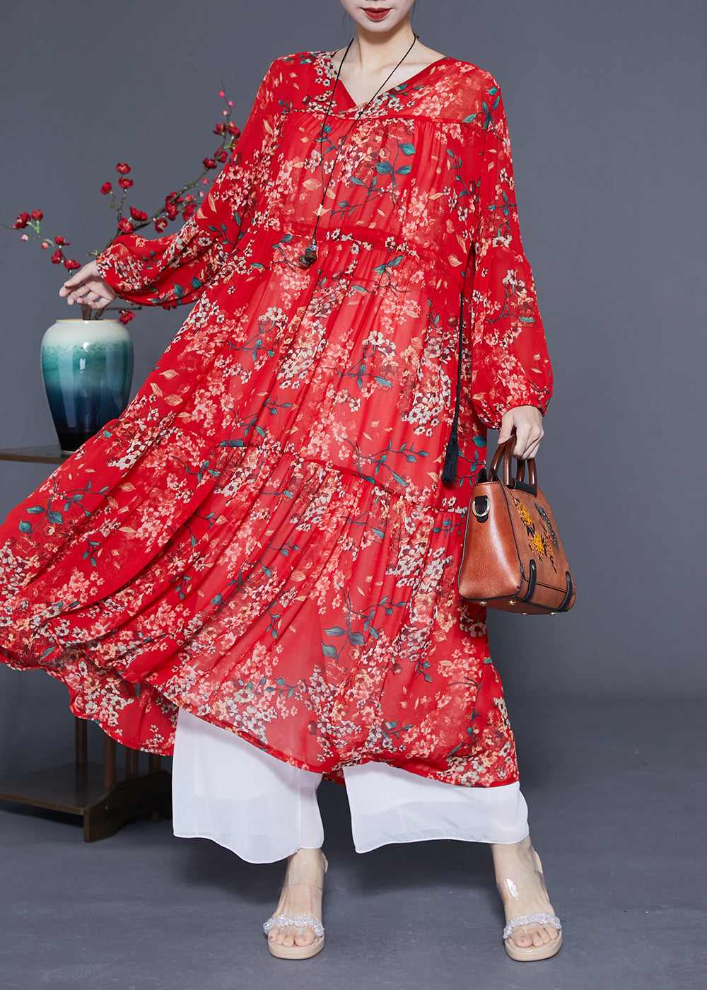 Loose Red Cinched Patchwork Print Chiffon Maxi Dress Spring LY1078 - fabuloryshop