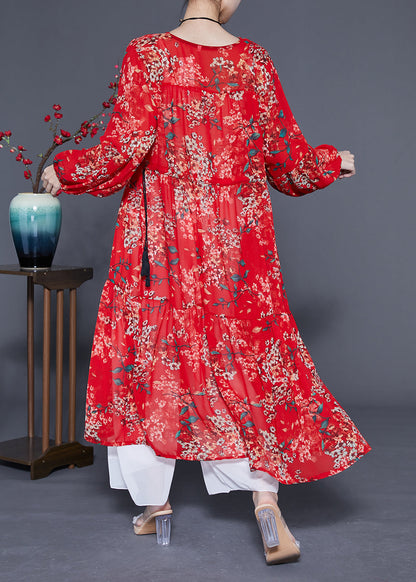 Loose Red Cinched Patchwork Print Chiffon Maxi Dress Spring LY1078 - fabuloryshop