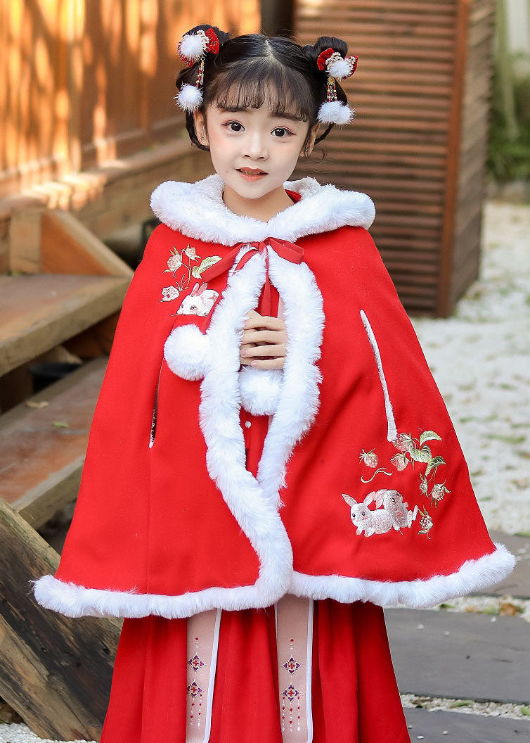 Loose Red Embroideried Kids Hooded Cloak Winter Ada Fashion