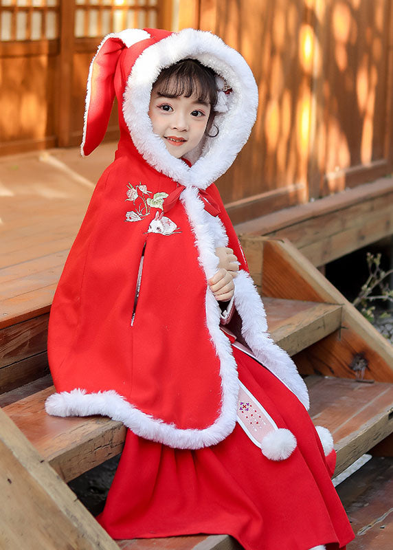 Loose Red Embroideried Kids Hooded Cloak Winter Ada Fashion